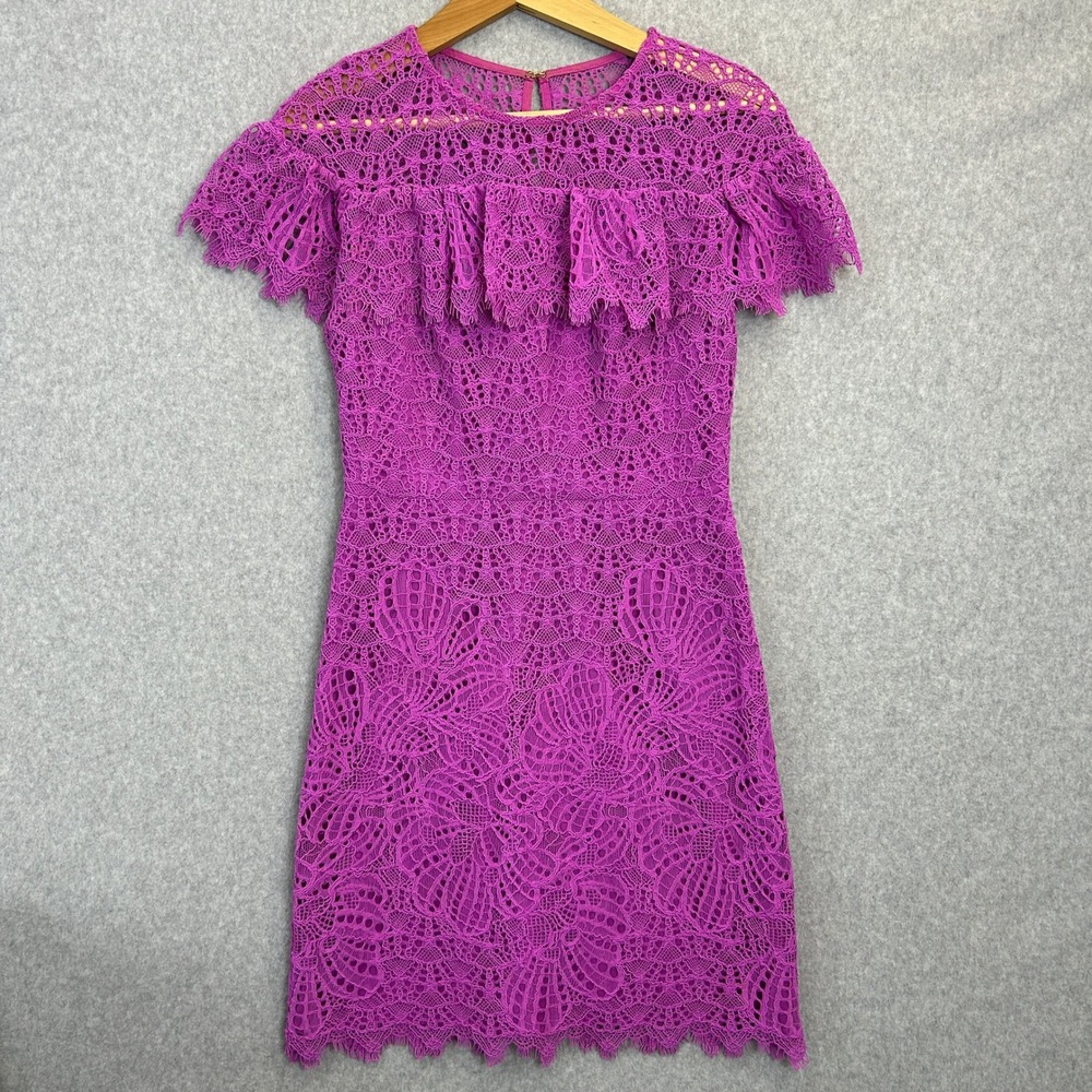 Trina Turk Lace Ruffle Flutter Sleeve Mini Dress Magenta Floral Cocktail Size 2